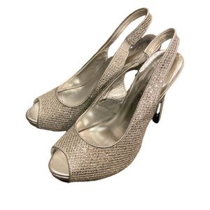 Lulu Townsend Silver Glitter Peep Toe  heels. Size 7. Slingback. Sparkle.